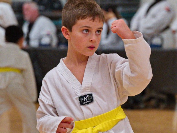 Yellow Belt/Green Stripe William at Tae Kwon Do going for his Yellow Belt with Green Stripe.